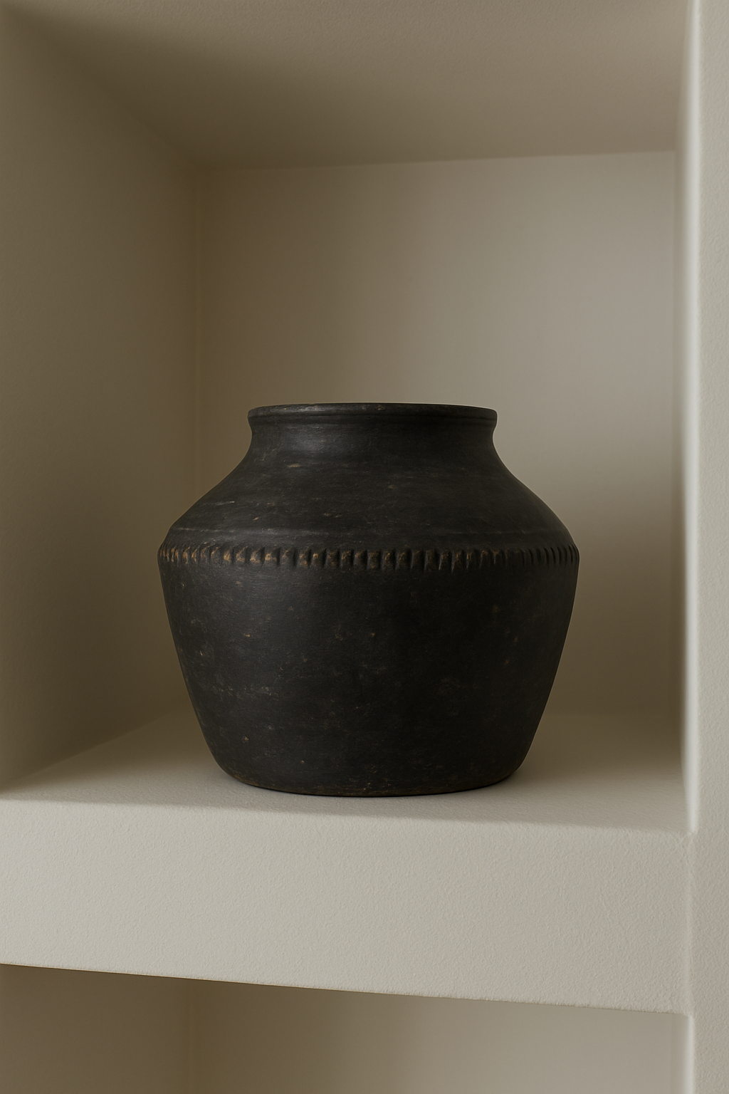 Small Black Clay Pot on a white shelf