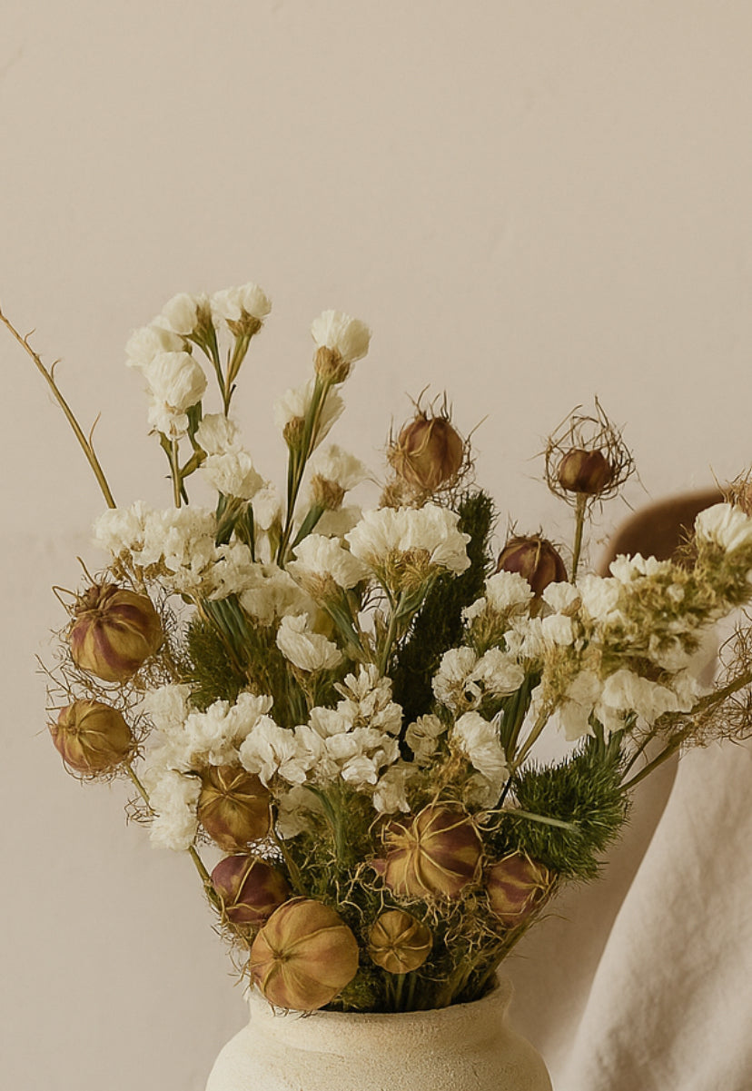 Rustic Dried Flowers – White Statice & Seed Pods