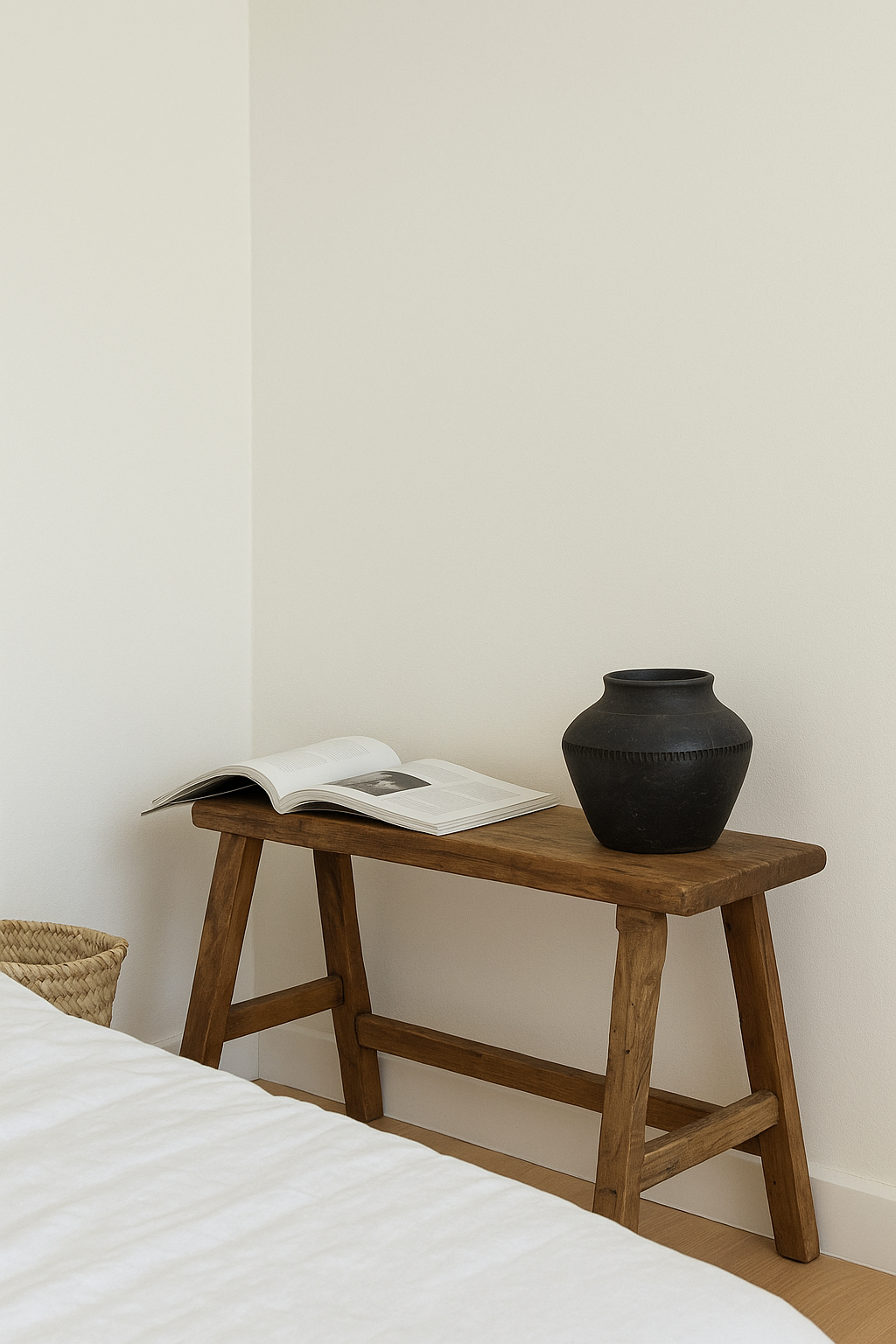 Wooden bench with a black small clay pot  and open book against a white wall