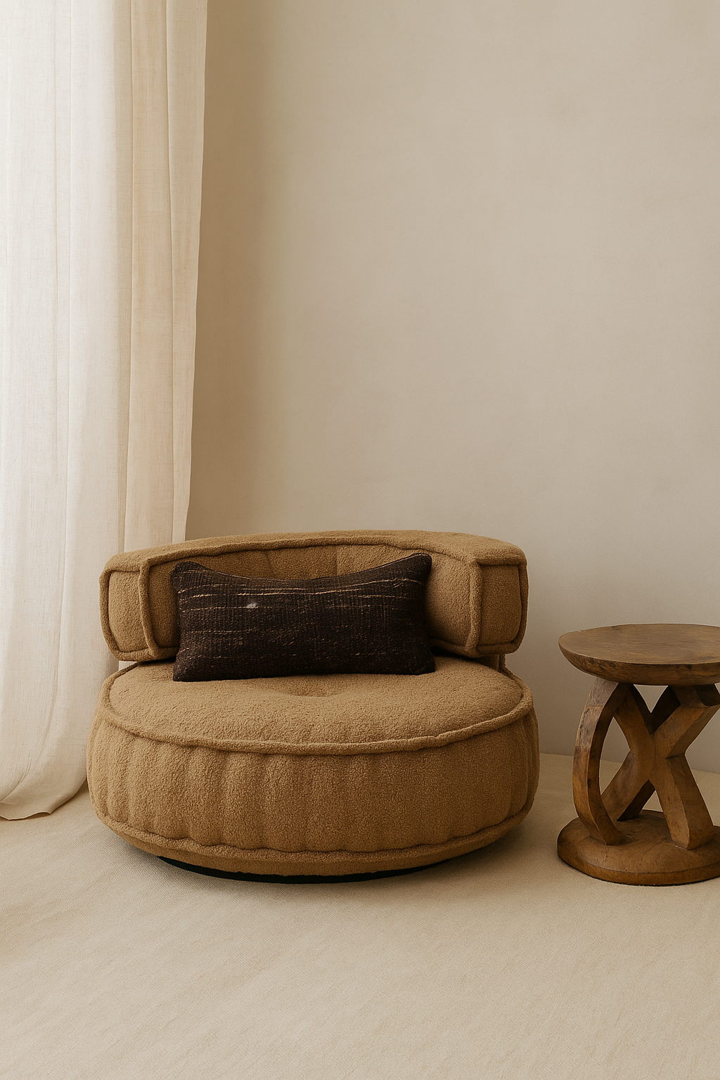 Handwoven brown Turkish lumbar cushion cover  made from 40-year-old vintage wool with subtle stripes and textured finish, styled against a neutral backdrop.
