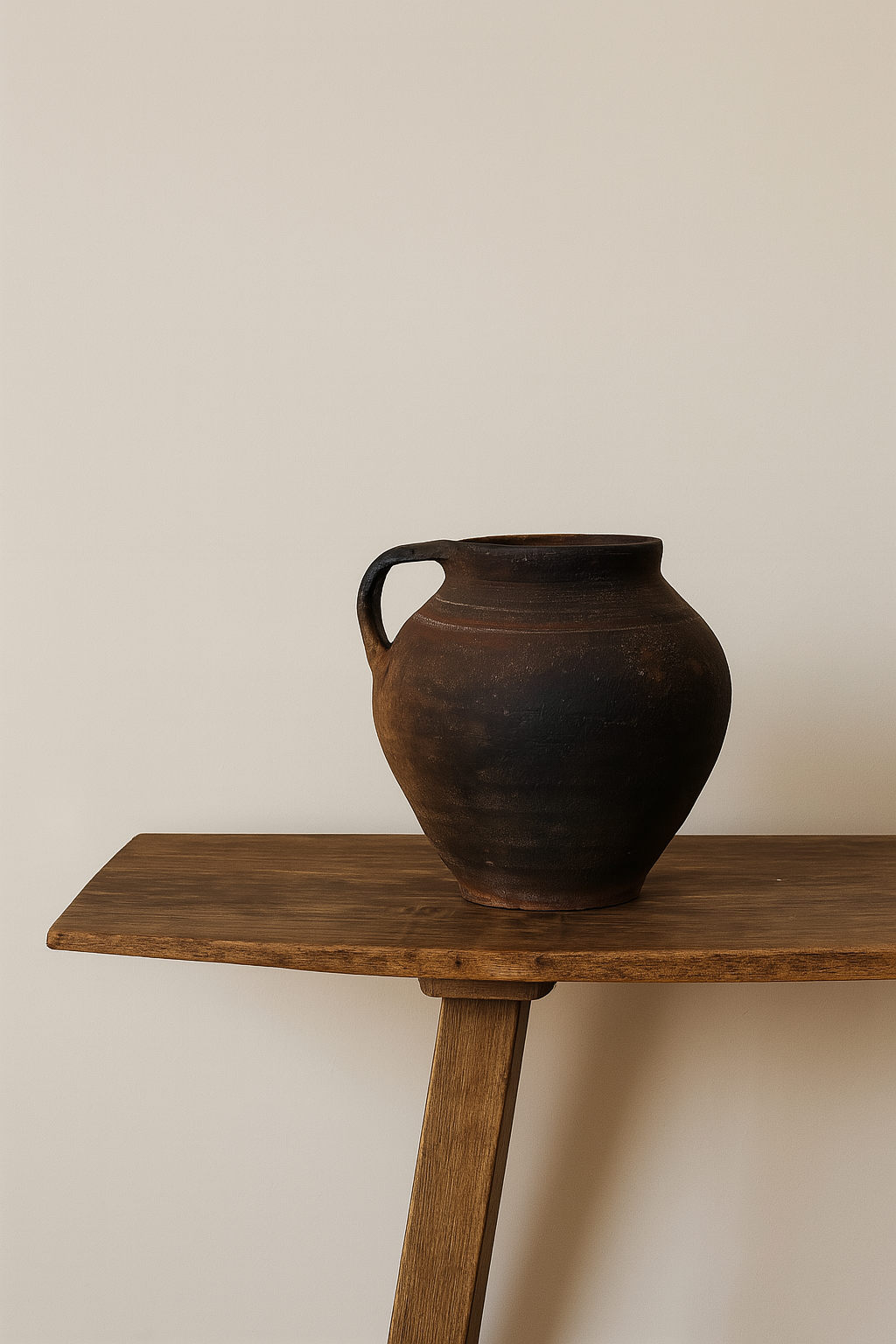 Dark brown ceramic jar on a wooden table against a plain wall