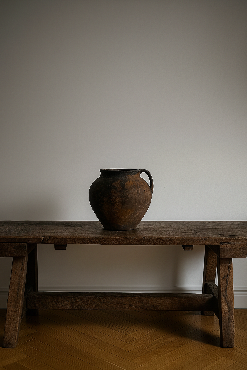 Rustic wooden bench with a dark ceramic vase against a plain wall.